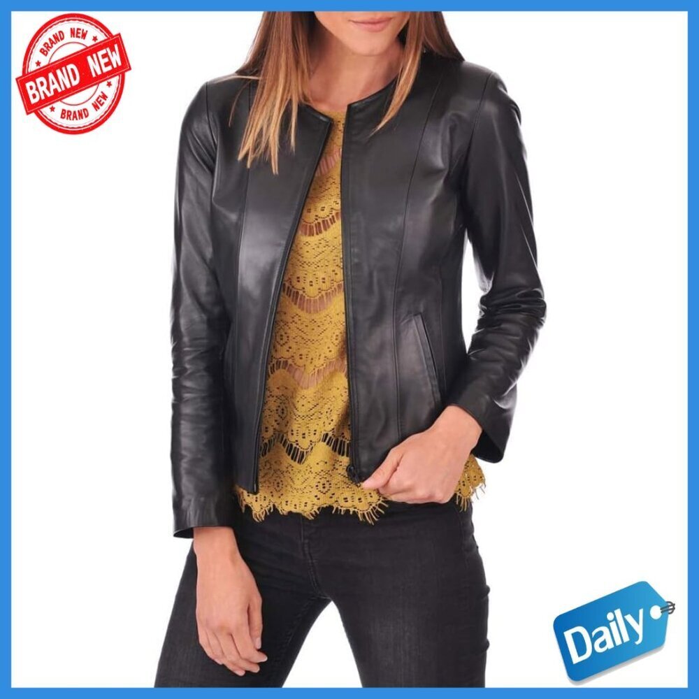 Real Lambskin Leather Cafe Racer Moto Jacket Women's Size Medium